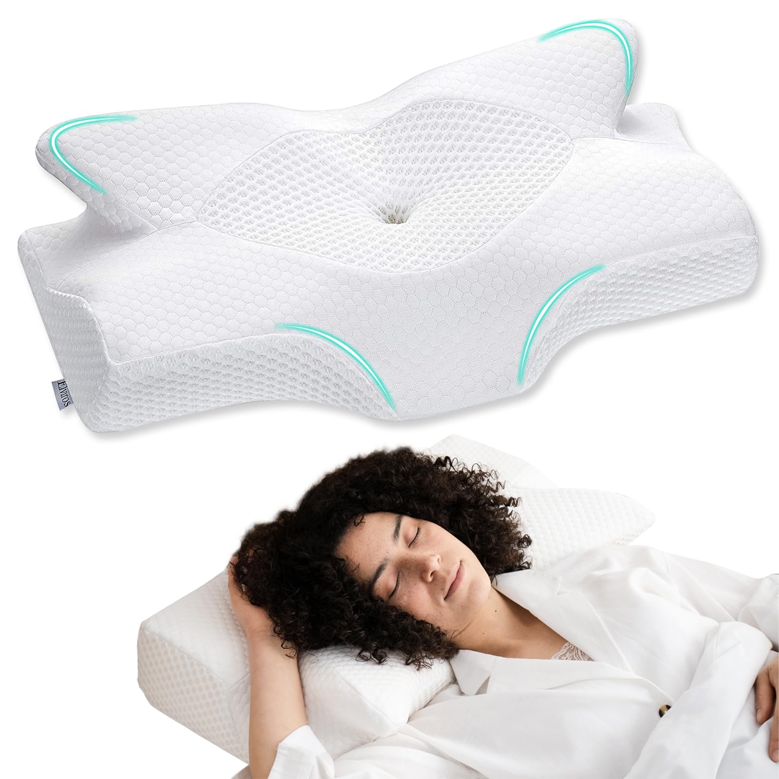 Elviros Nackenkissen aus Memory Foam, Ergonomisches Kopfkissen Nackenschmerzen, für Rücken, Seiten und Bauchschläfer, Waschbarer, Kühler Kissenbezug, 64×(11,5/13)×40 cm