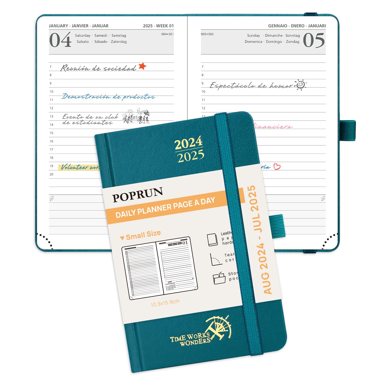 POPRUN Agenda 2024 2025 Dia Por Pagina Pequeña, Diaria 12 Meses 16 x 10,5 cm con Tapa Dura, Banda Elástica, 80 GSM Papel, Verde Pacífico
