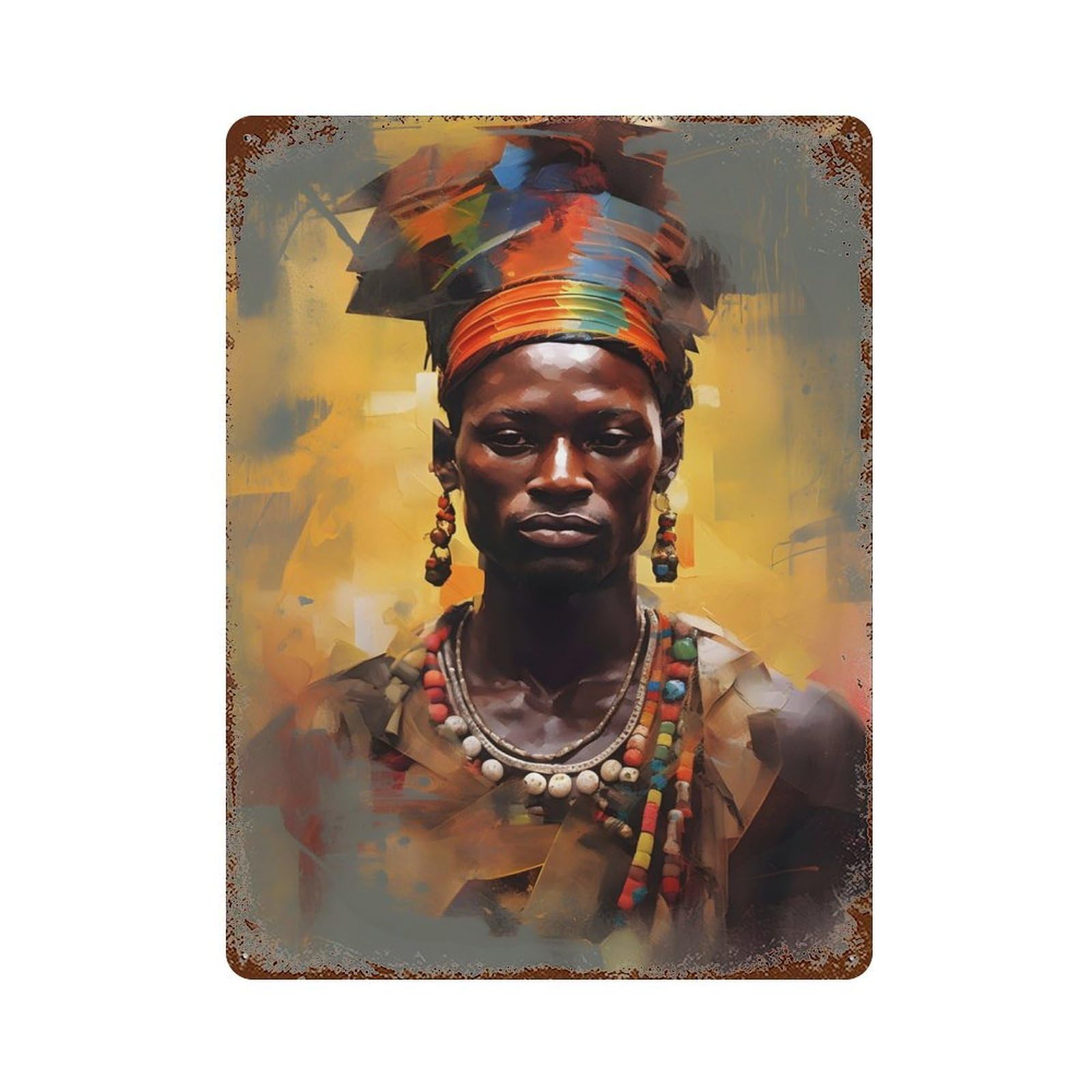 Rust Effect Painted African Tribal Man Distressed Metal Wall Sign 15.7"x11.8", Farmhouse Wall Decor for Office, Studio And Wall Decor