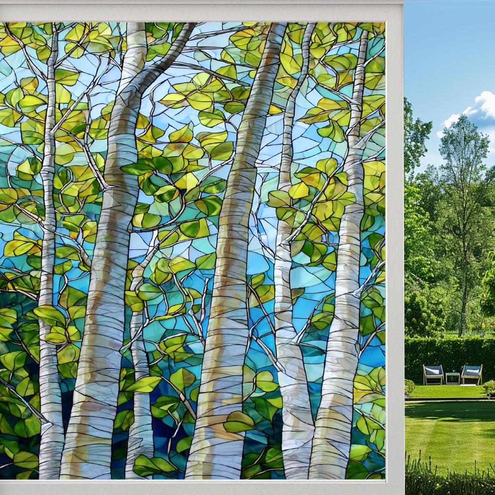 Pmlbaous Nature Forest Privacy Window Film, Colorful Birch Green Trees Frosted Self-Adhesive Vinyl Cling For Glass Doors Bathroom Windows Sun Blocking Heat Control, （70X100cm）