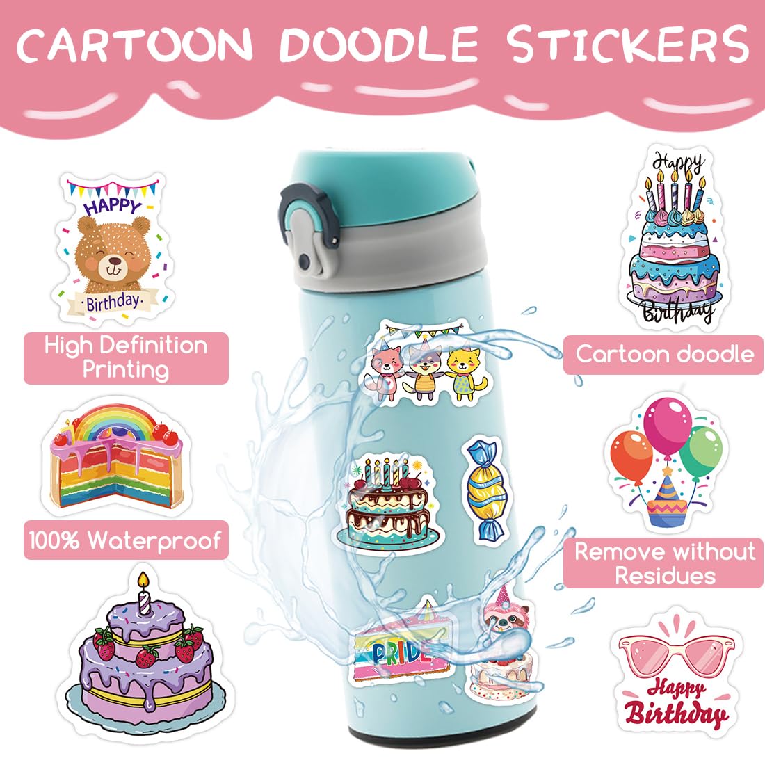 Naklejki dla dzieci 200 sztuk naklejki z okazji urodzin, styl Kawaii Urodziny, wodoodporne naklejki winylowe, naklejki do scrapbookingu, pamiętnik, pamiętnik, laptop itp