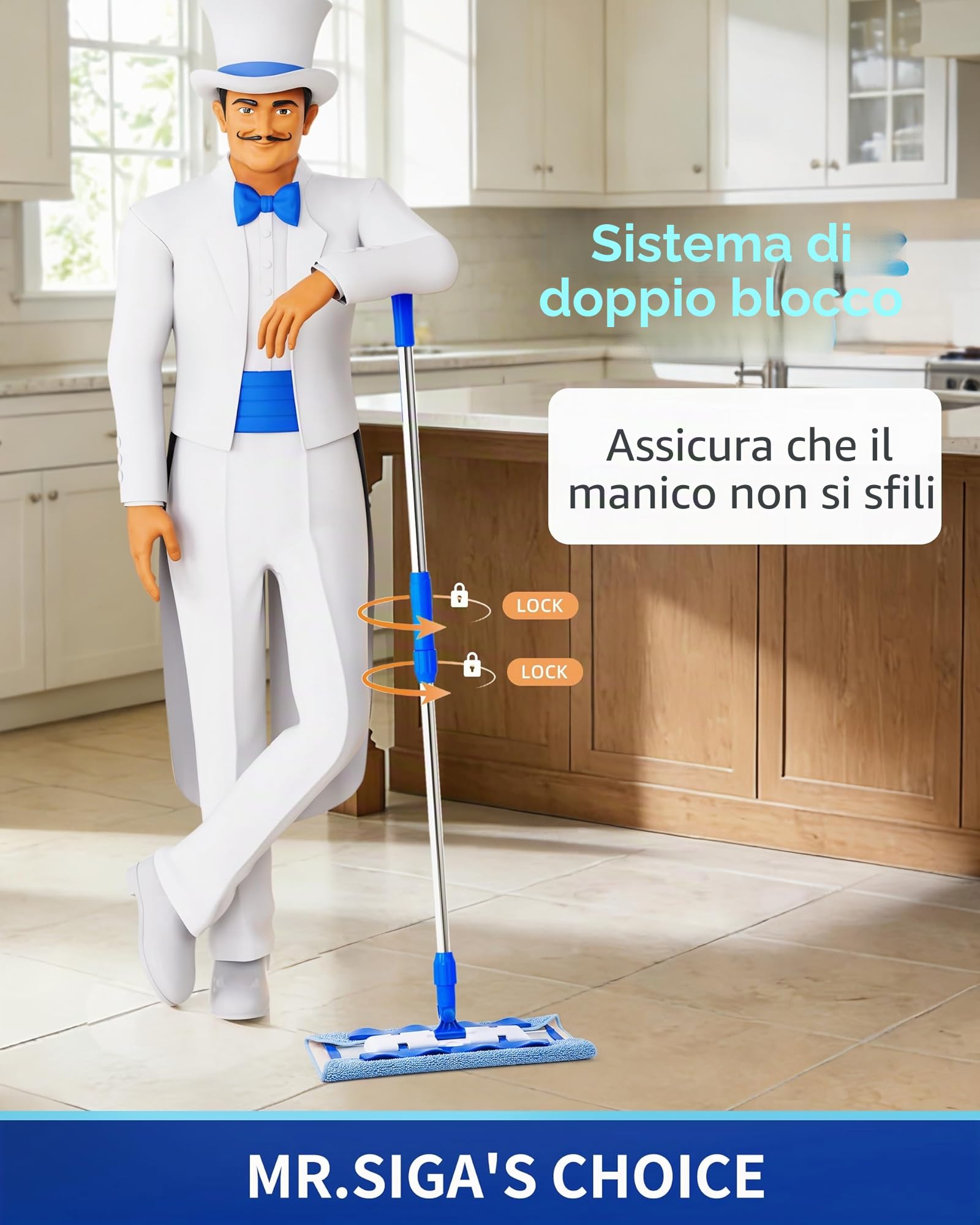 MR.SIGA Mop professionale in microfibra per la pulizia di pavimenti in legno duro, laminato e piastrelle, manico in acciaio inossidabile