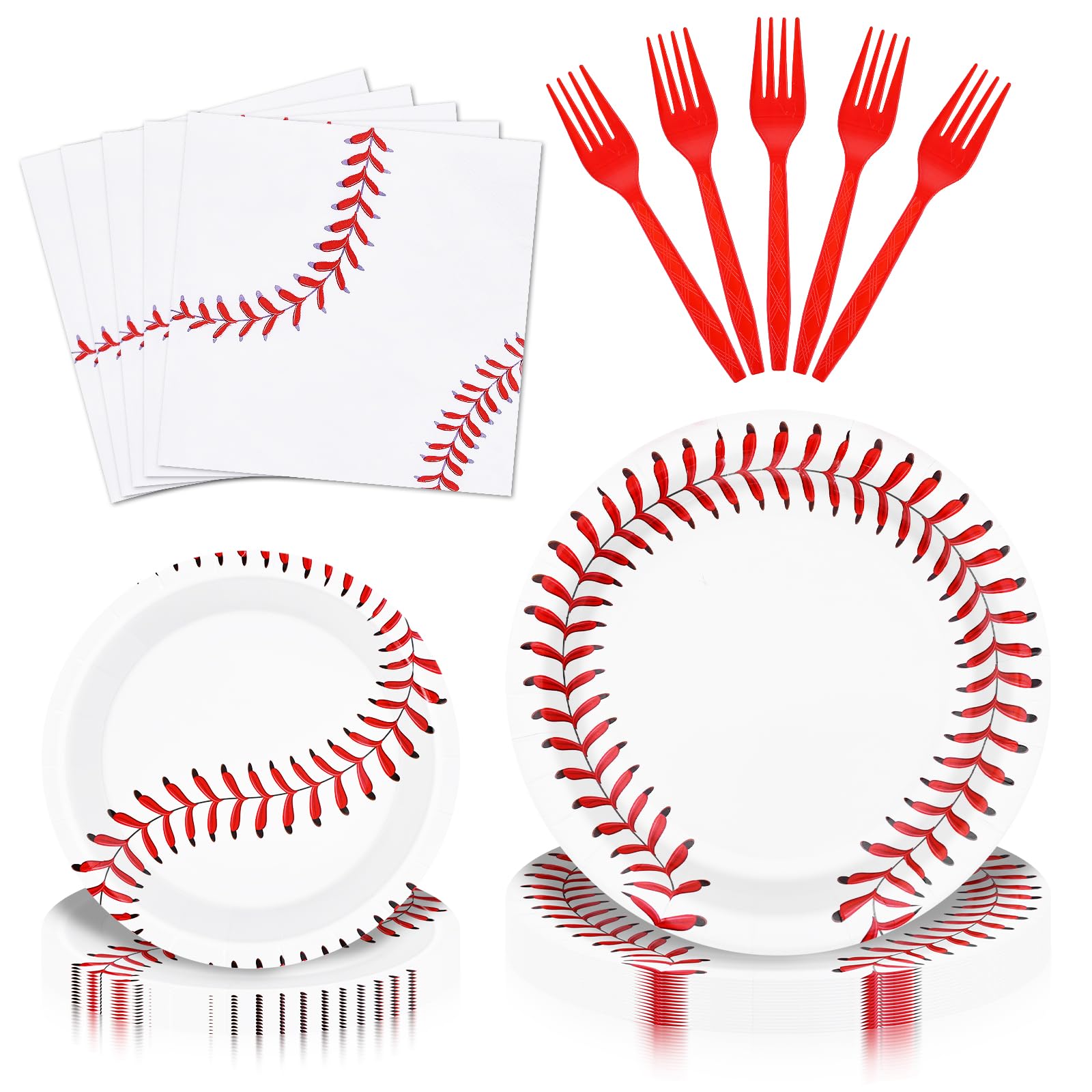 96 Pieces Baseball Party Tableware Set – Sports-Themed Disposable Plates, Napkins, and Red Forks for Baseball Birthday Parties, Team Celebrations, and