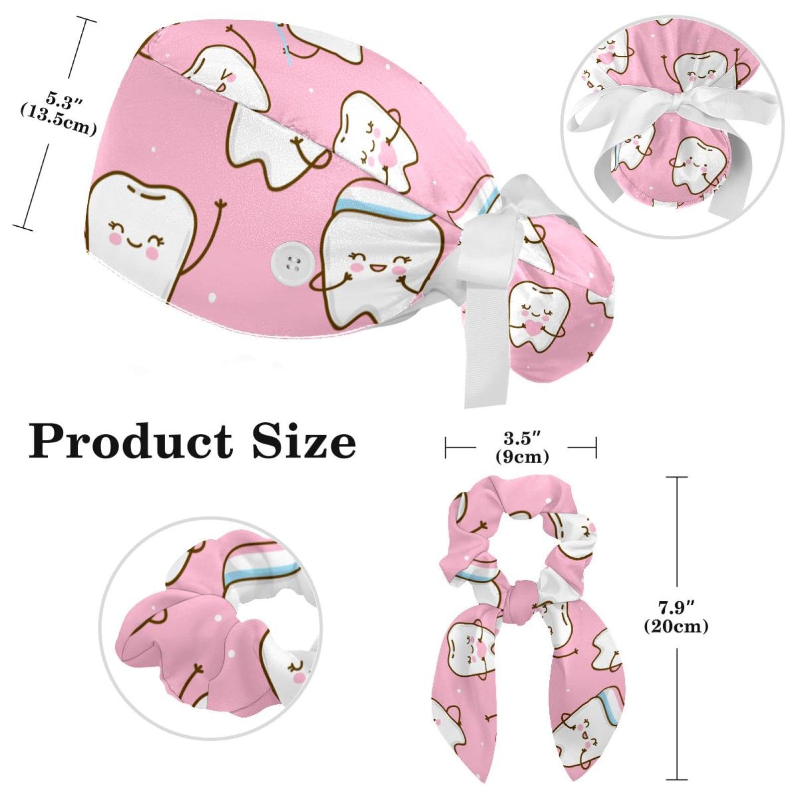 Cute Teeth Pink Scrub Cap, Adjustable Working Cap with Button, Bouffant Caps with Bow Hair Scrunchy