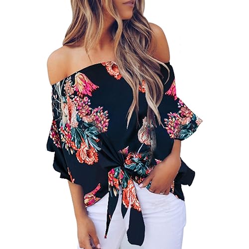 Asvivid Womens Casual Boho Floral Print 3/4 Flare Sleeve Blouses Summer Off The Shoulder Tops Tie Knot Shirts