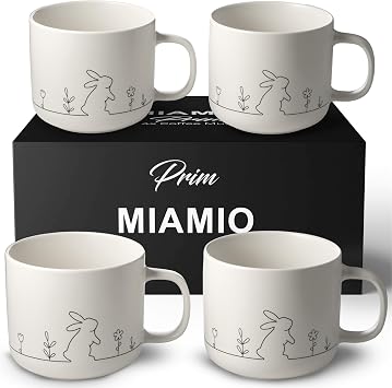MIAMIO Spring Cup Set / 4 15 oz ceramic coffee cups in pastel colors/large coffee and tea cups in a modern design gift for women/men for Easter and spring Prim Collection White