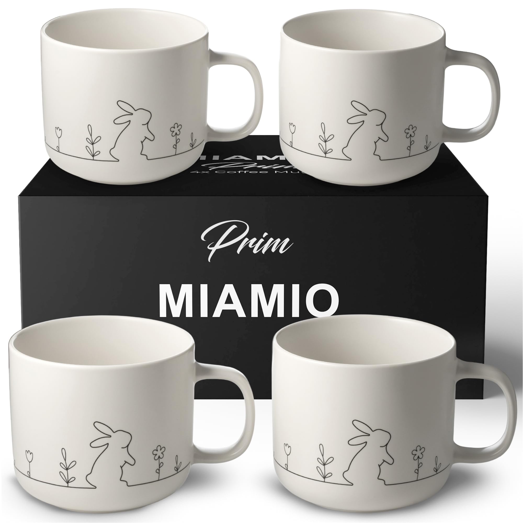 MIAMIO – Juego de tazas de primavera / 4 tazas de café de cerámica de 450 ml en colores pastel/tazas grandes de café y té con un diseño moderno – Regalo en Pascua y primavera (White)