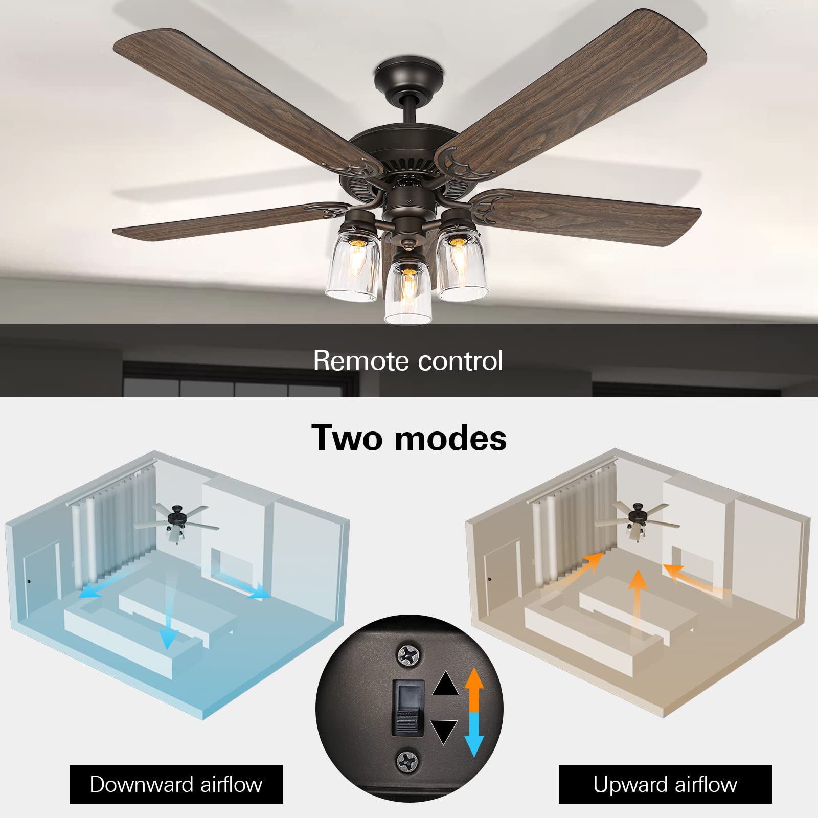 Hykolity 52 Inch Indoor Oiled Bronze Ceiling Fan with Remote Control