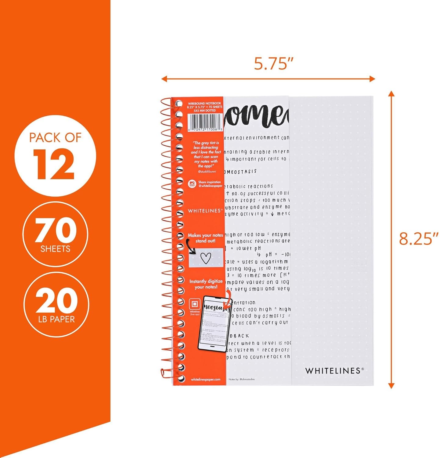 Whitelines Spiral Wire Bound Dot Grid Ruled Journal Notebook, Premium 20# Gray Paper, 8.25" x 5.75" 70 Sheets, Makes Your Notes Stand Out & Links Them To The Digital World, Made in USA (Pack of 12)