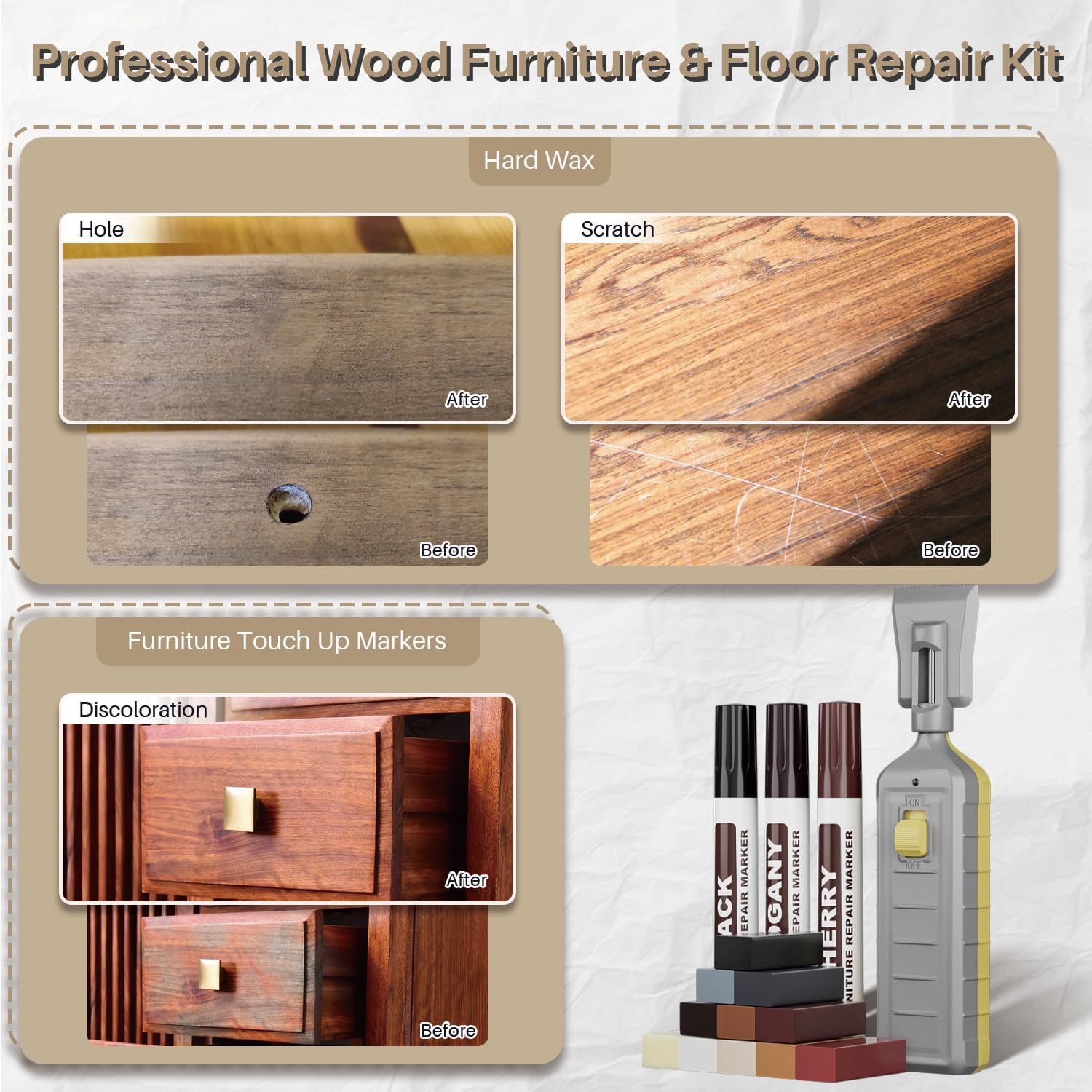 Hardwood Floor Repair Kit with Heat Pen, Laminate Vinyl Floor Repair Kit, 11 Colors Linoleum Floor Hard Wax Furniture Touch Up Marker Pen Scratches Repair Remover for Cracks,Holes,Door,Table,Cabinet