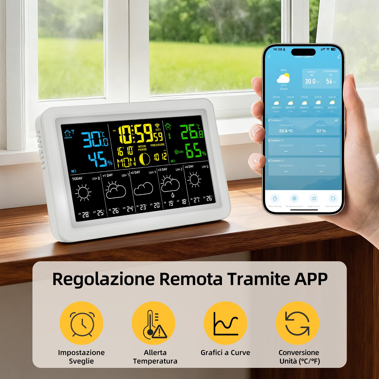 Stazione Meteo con Sensore Esterno, 7.5 Inch Display a Colori, Stazione Meteorologica con Previsioni del Tempo, Umidità, Sveglia, Pressione dell'aria, Uso Interno ed Esterno, 500FT/150M