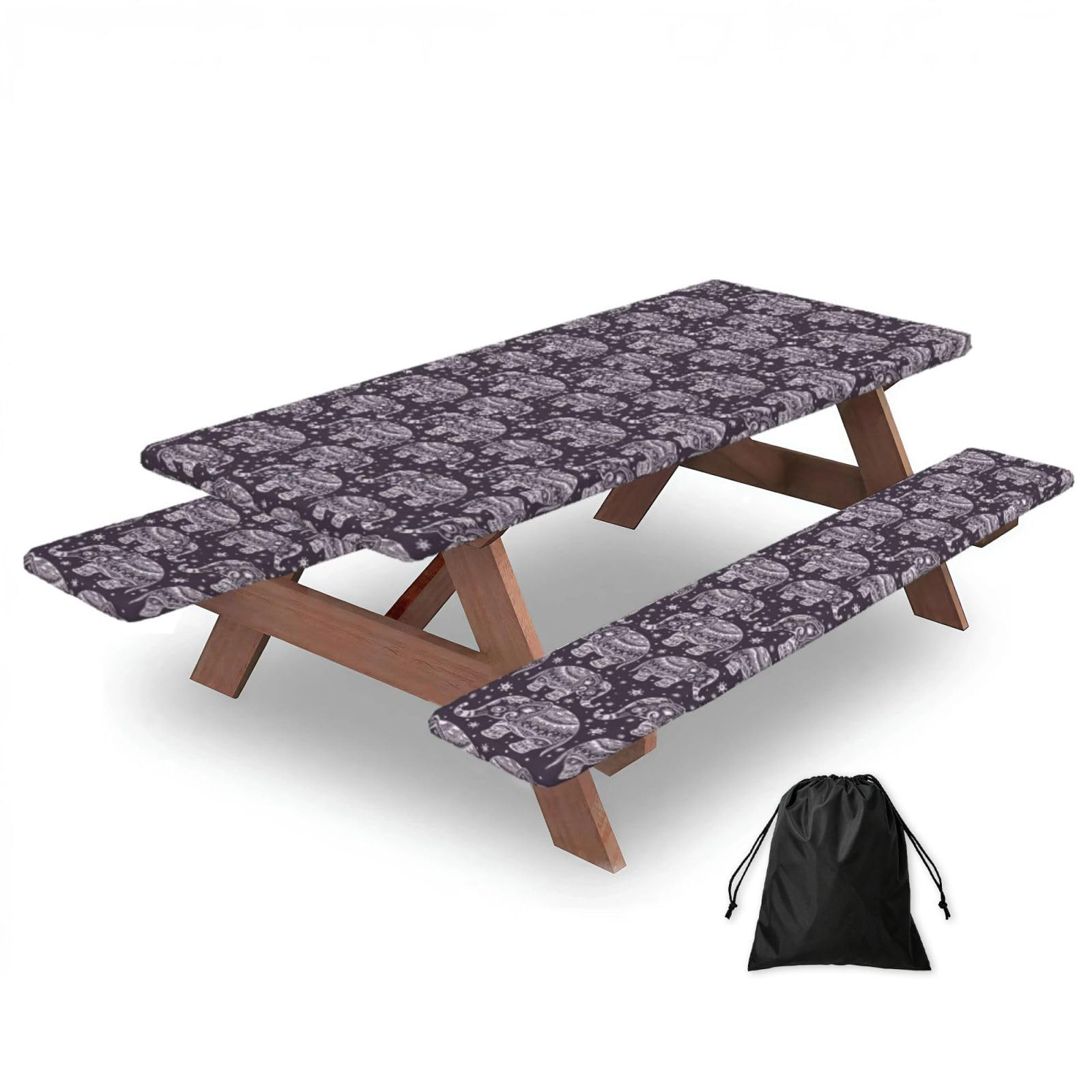 Yqxwjl Black Cartoon Cute Elephant Print Camping Essentials Waterproof Camping Table And Bench Cover With Drawstring Bag 183 Cm