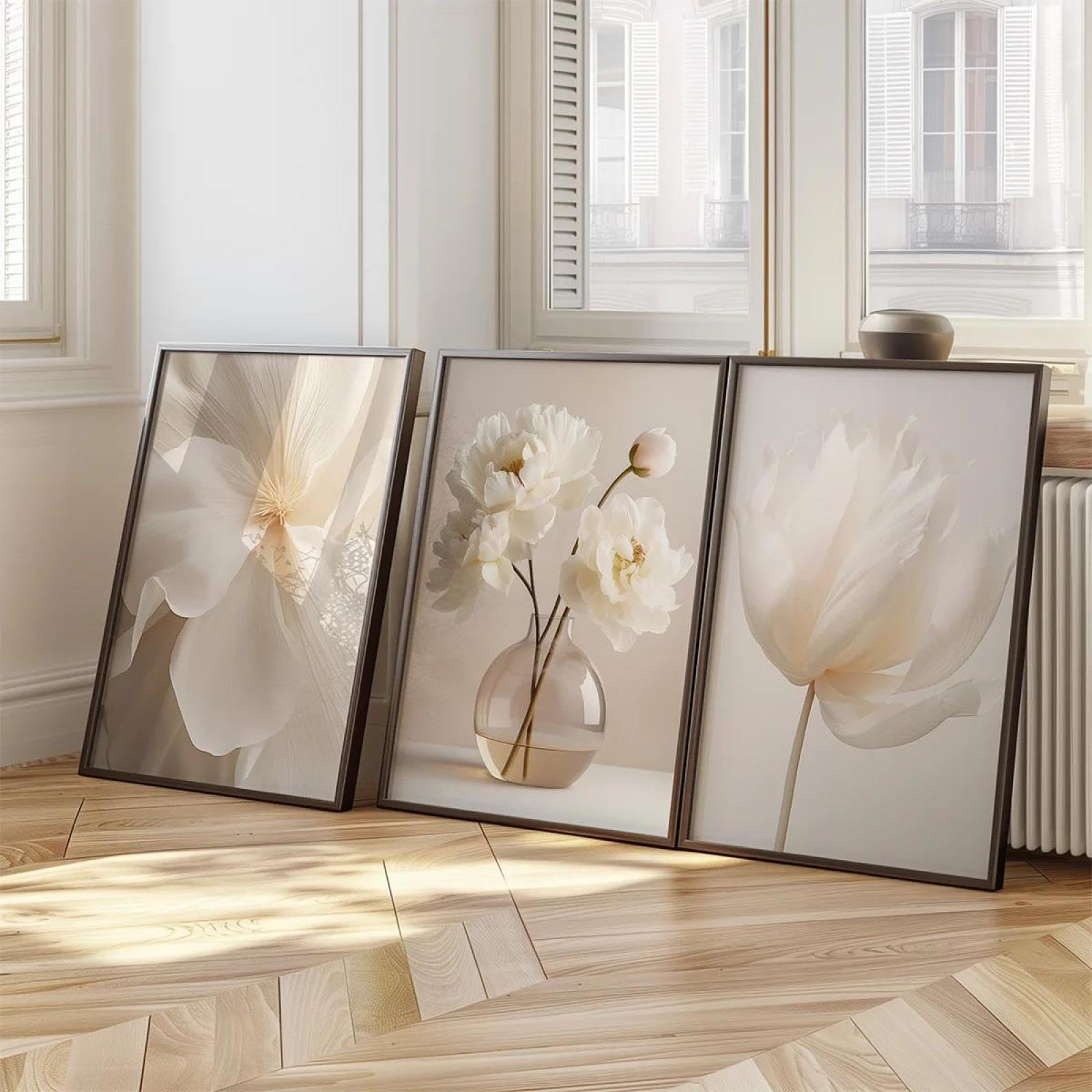Baibexing White Peony Flower Neutral Beige Plant Canvas Painting Wall Art Poster Prints Picture Gallery Home Decoration 50X70Cmx3Pcs Unframed