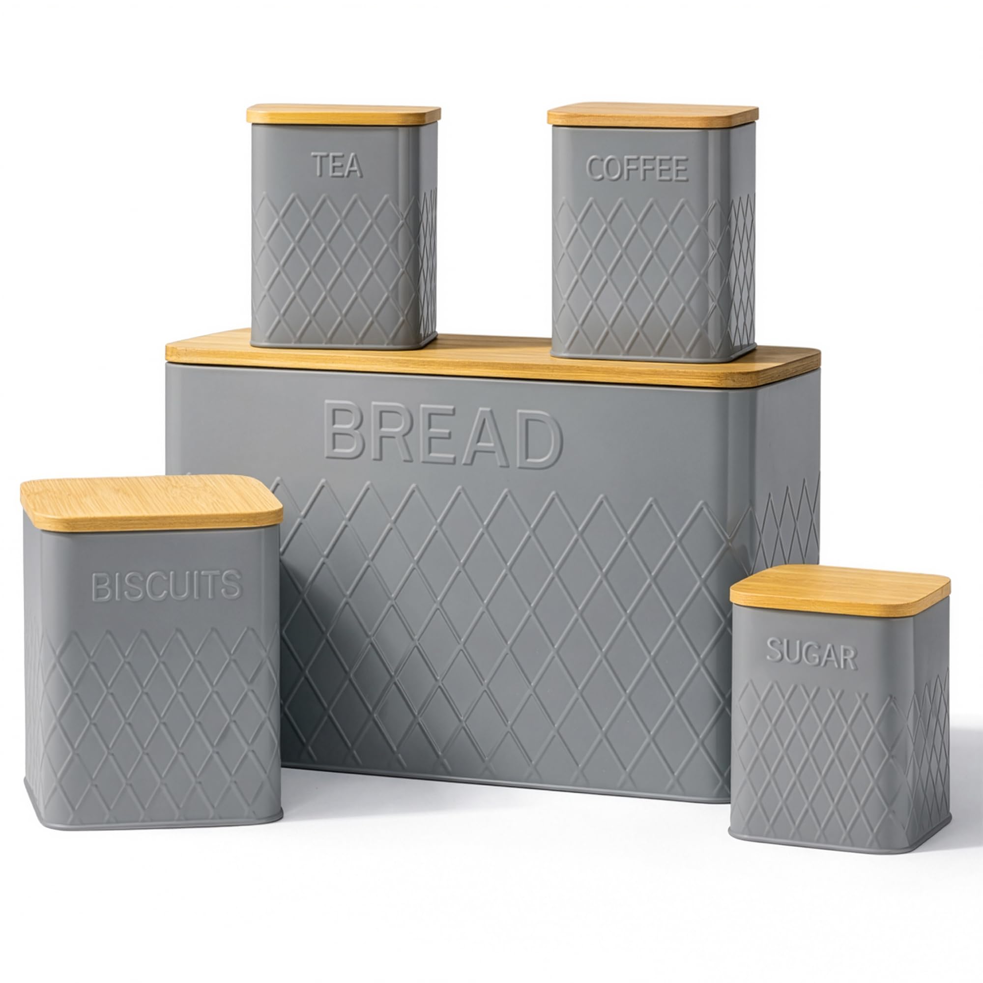 Winsome Grey Kitchen Canisters Tea Coffee Sugar Biscuit Bread | (Set Of 5) Airtight Kitchen Storage Canister Set With Bread Bin | Coffee Sugar Tea Biscuit Bread Tins With Bamboo Lids (Grey)