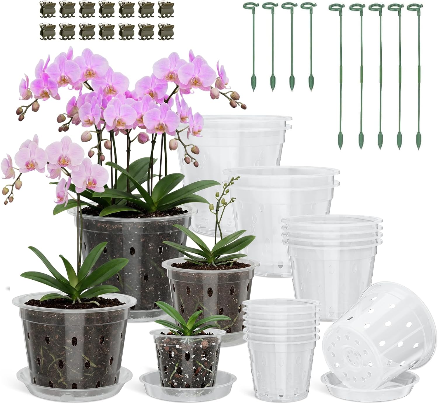 14 Pack Clear Orchid Pots with Holes, 4, 5, 6, 7 Inch Plastic Orchid Pot with Drainage for Repotting, Includes Saucers and Plant Stakes, Large Small Breathable Plant Pots for Indoor Outdoor Use