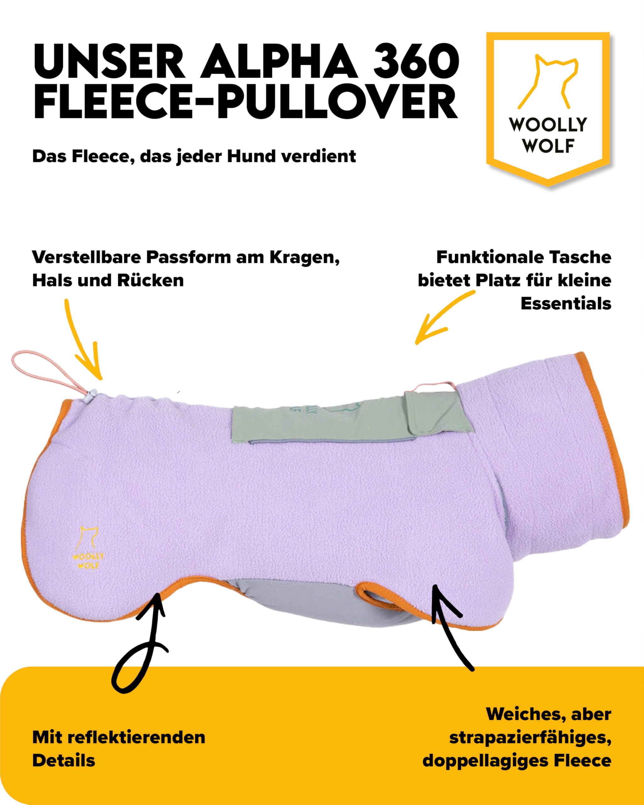 Woolly Wolf Alpha 360 Fleece Hundepullover für mittelgroße Hunde Gr. 40 Lavendel - Flauschig-Warmer Hundepulli für kalte Tage mit Verstellbarer Passform, 100% recycelte Materialien