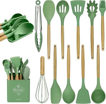 MYKUJA Silicone Cooking Utensils Set, Heat Resistant Kitchen Utensils Set, Spatula,Turner Tongs,Spoon,Brush,Whisk, Cooking Kitchen Utensils Spatula Set, Nonstick Cookwaresage green
