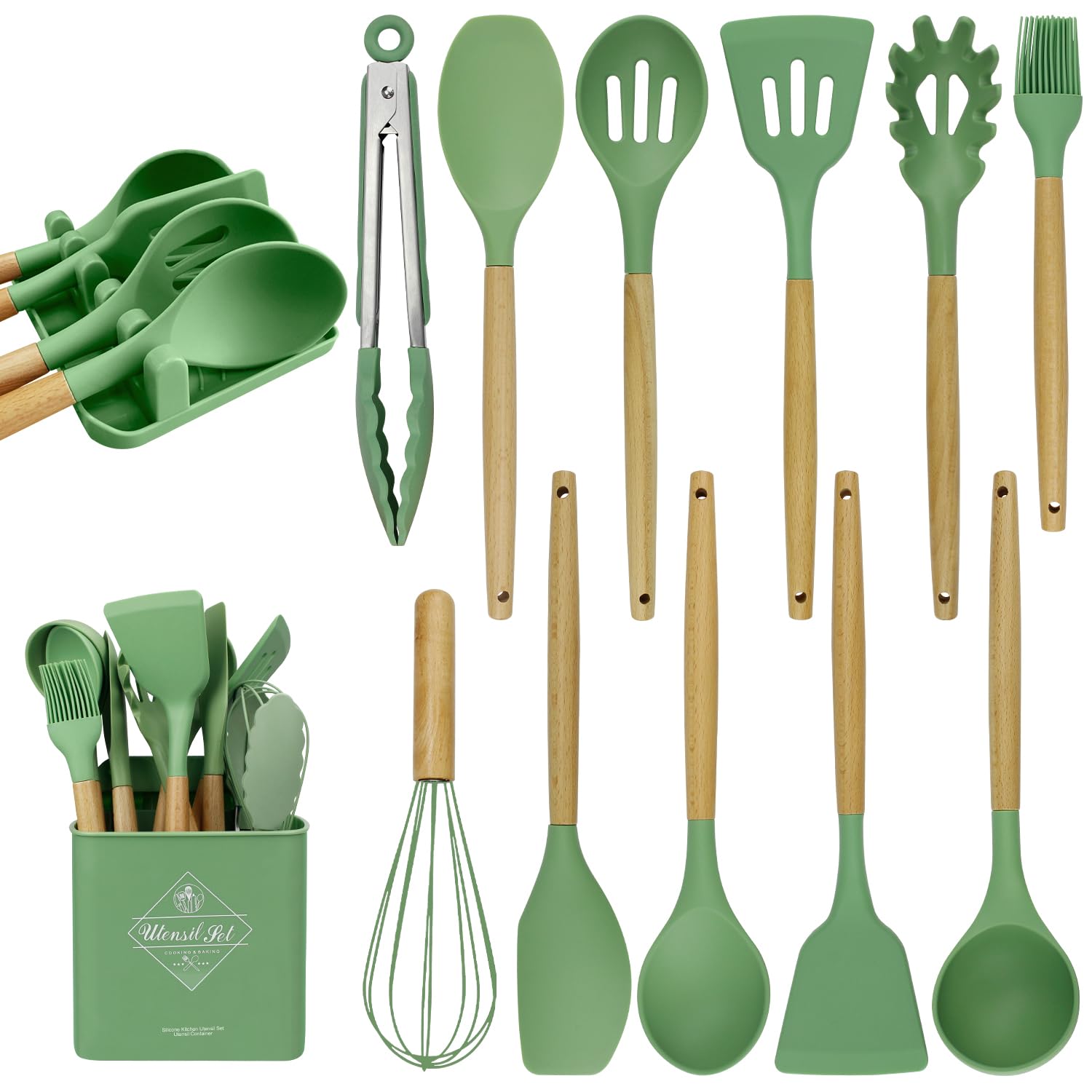 MYKUJA Silicone Cooking Utensils Set, Heat Resistant Kitchen Utensils Set, Spatula,Turner Tongs,Spoon,Brush,Whisk, Cooking Kitchen Utensils Spatula Set, Nonstick Cookware?sage green?