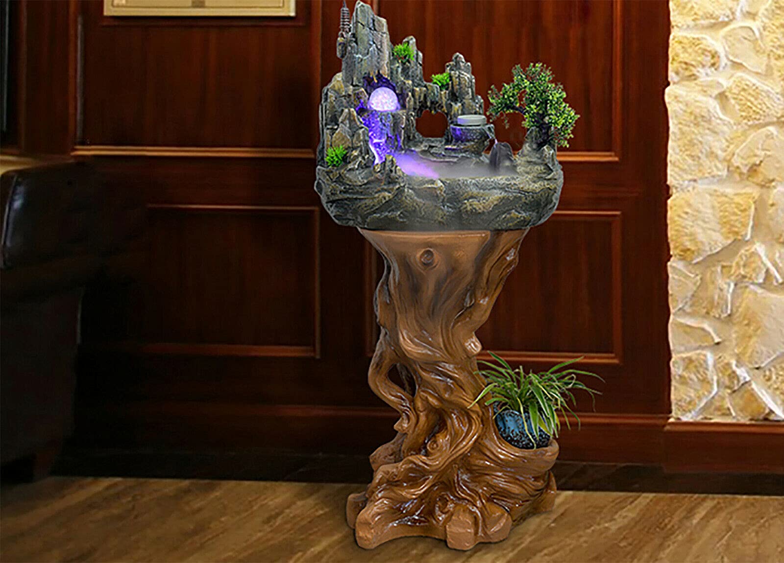 Fontaine d'intérieur Feng Shui Fontaine à jet avec boule de cristal LED et vaporisateur Fontaine de table avec jardin de pierres décoratives et étang Jeu d'eau de bureau Cascade