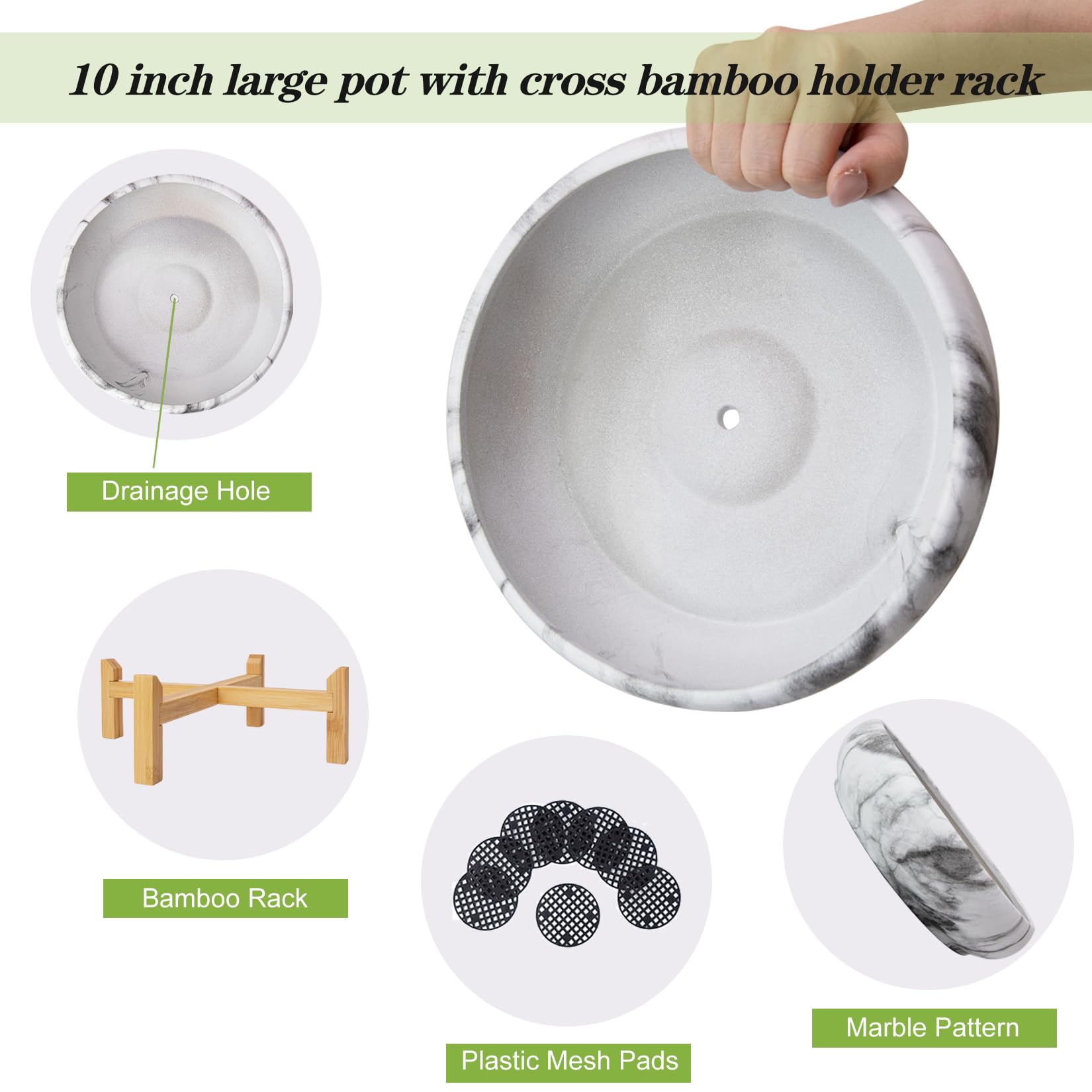 ARTKETTY Sukkulentententöpfe - 18,5 cm große Blumentöpfe, 2er-Set, flache Bonsai-Töpfe mit Drainageschale, Keramik-Pflanzgefäße für den Innenbereich, Kaktus, Marmor, Blume, Pflanzgefäß, Schale