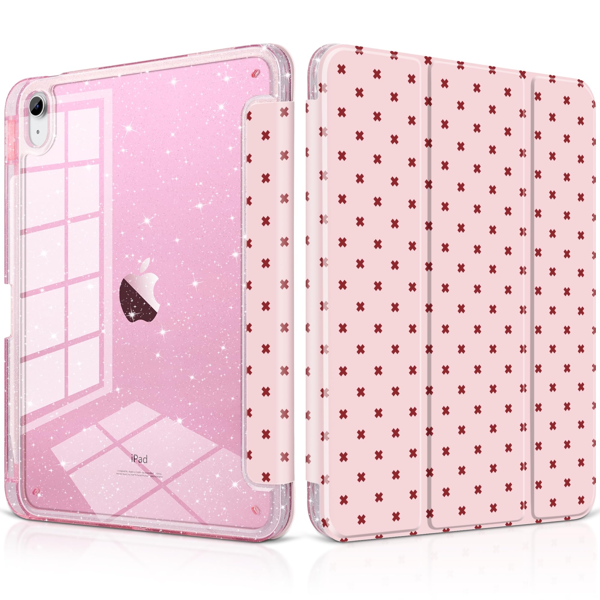 DONGKE for iPad 11th Generation Case (A16, 11-inch 2025) / iPad 10th Generation (10.9-inch 2022), Glitter Clear Acrylic Back, Pencil Holder, Trifold Stand, Auto Sleep/Wake - Pink Cross Dot