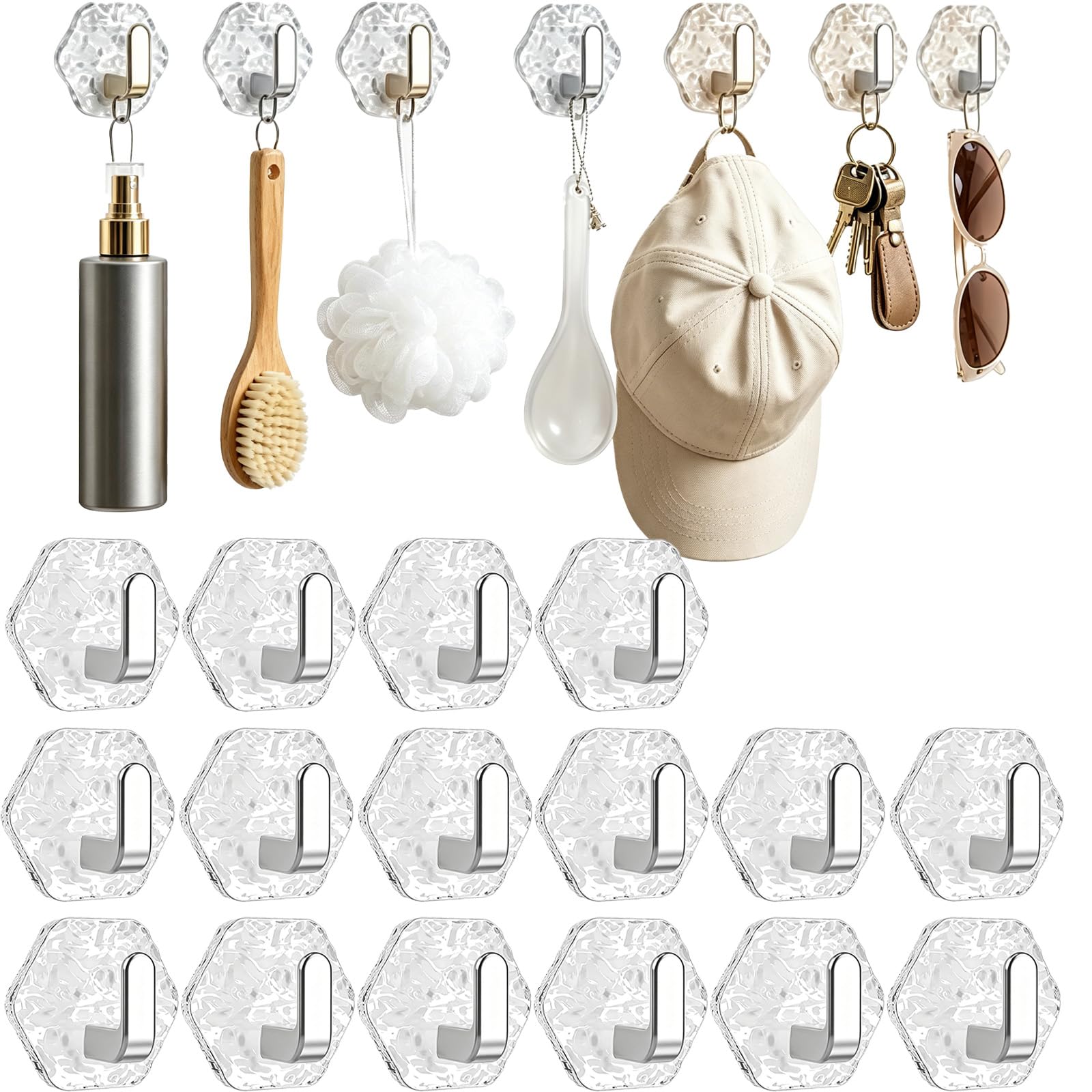 Dawhare Water Ripple Hexagonal Self Adhesive Hooks, Transparent Wall Hanging Luxury Key Hook, Heavy Duty Waterproof Adhesive for Towels, Keys & Home Decor (16silver)