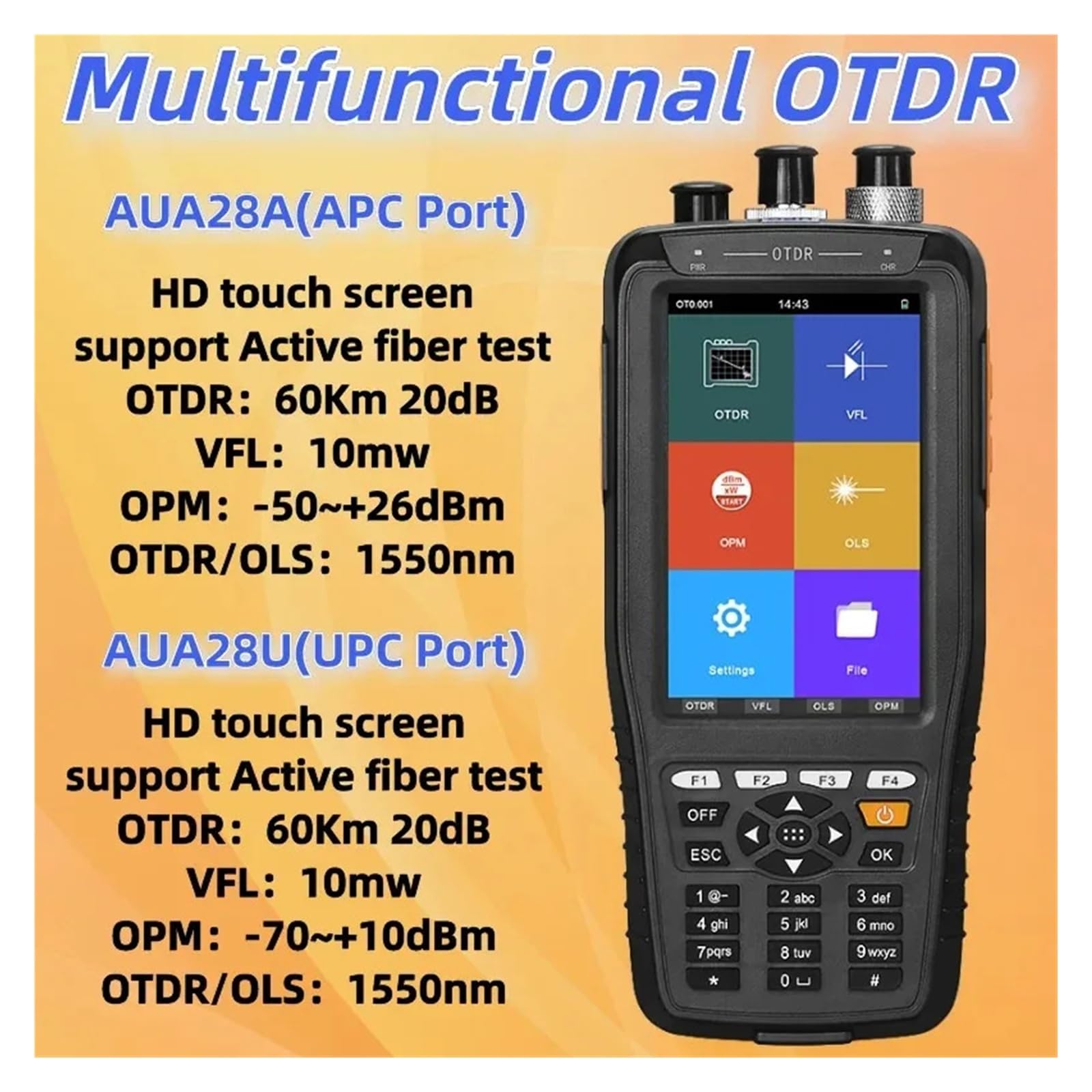OTDR portatif 28U/28A avec écran tactile 1550nm, réflectomètre optique dans le domaine temporel, testeur de Fiber optique avec VFL(10mW)/OPM(UPC)