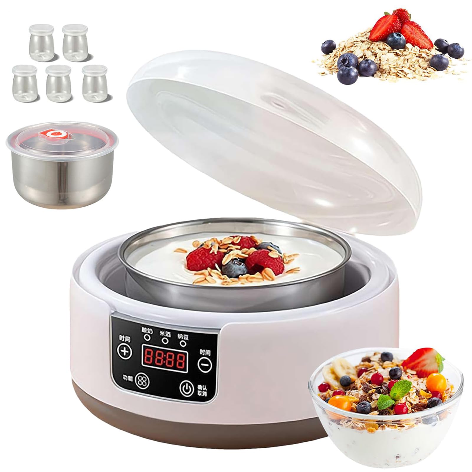 Fabricador de Yogur de 1.2L, Fabricador de Yogur Eléctrico con Pantalla LCD, Tiempo y Temperatura Ajustables, Tarro de Yogur con 5 Tazas, Fabricador de Postres Casero para Yogur Griego Casero