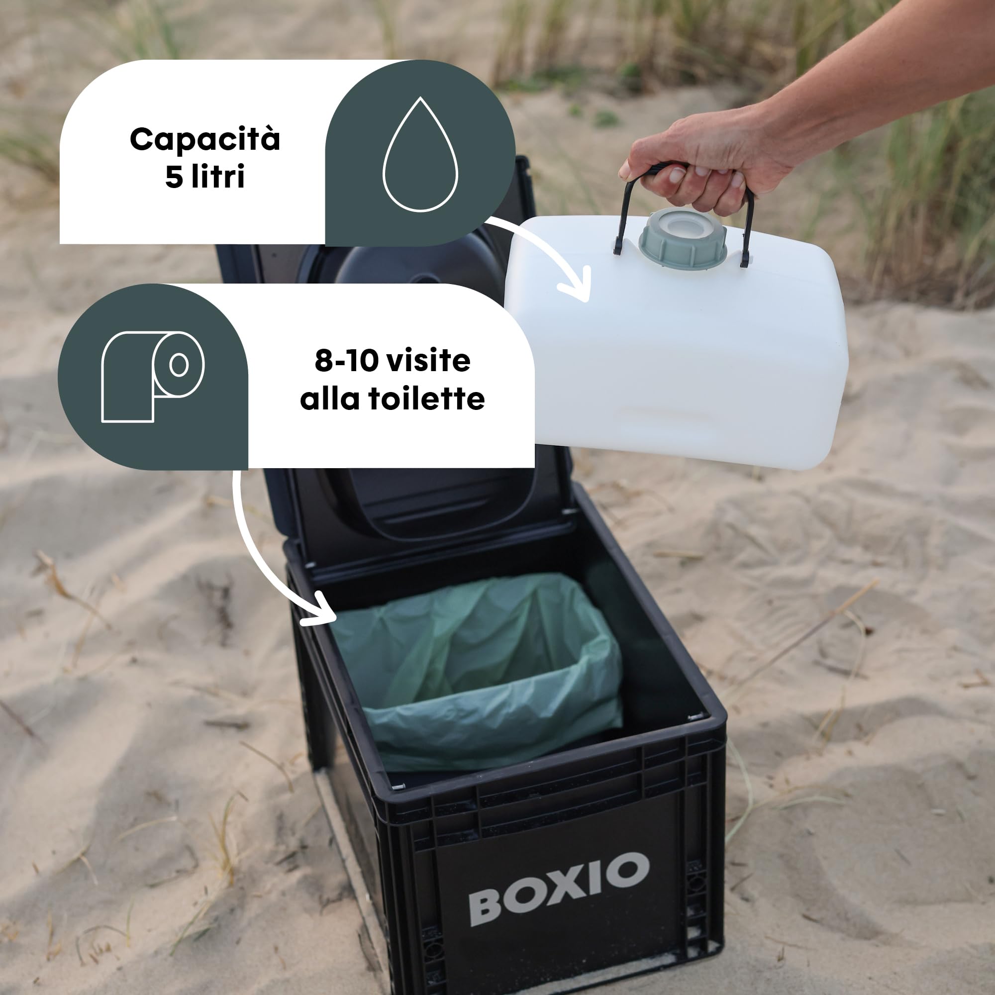 BOXIO Toilet MAX+ - Set completo di servizi igienici separatori mobili, WC compatto da campeggio, 40 x 30 x 28 cm, con rialzo per WC, 3 sacchetti, 2 lettiera di canapa, 6 clip, colore nero