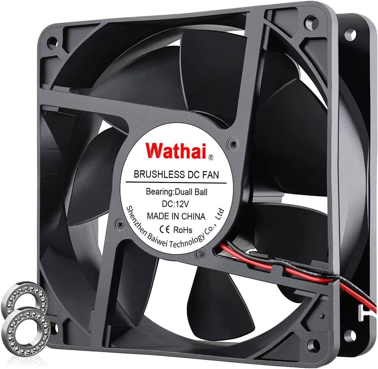 Wathai 120mm x120 x 38mm 12V 2Pin Dual Ball 12cm Industrial Cooling Fan High Airflow