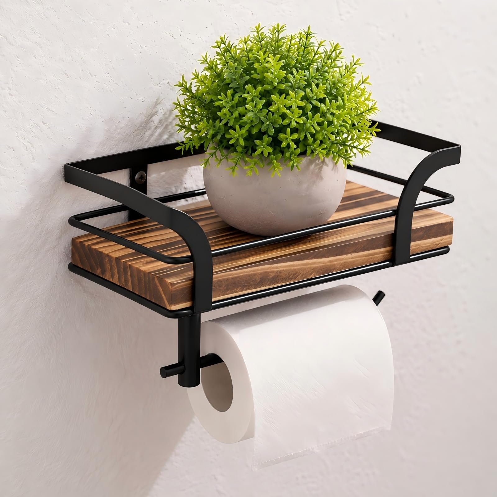 Wood Toilet Paper Holder with Shelf, Rustic Farmhouse Wall Mount, Brown