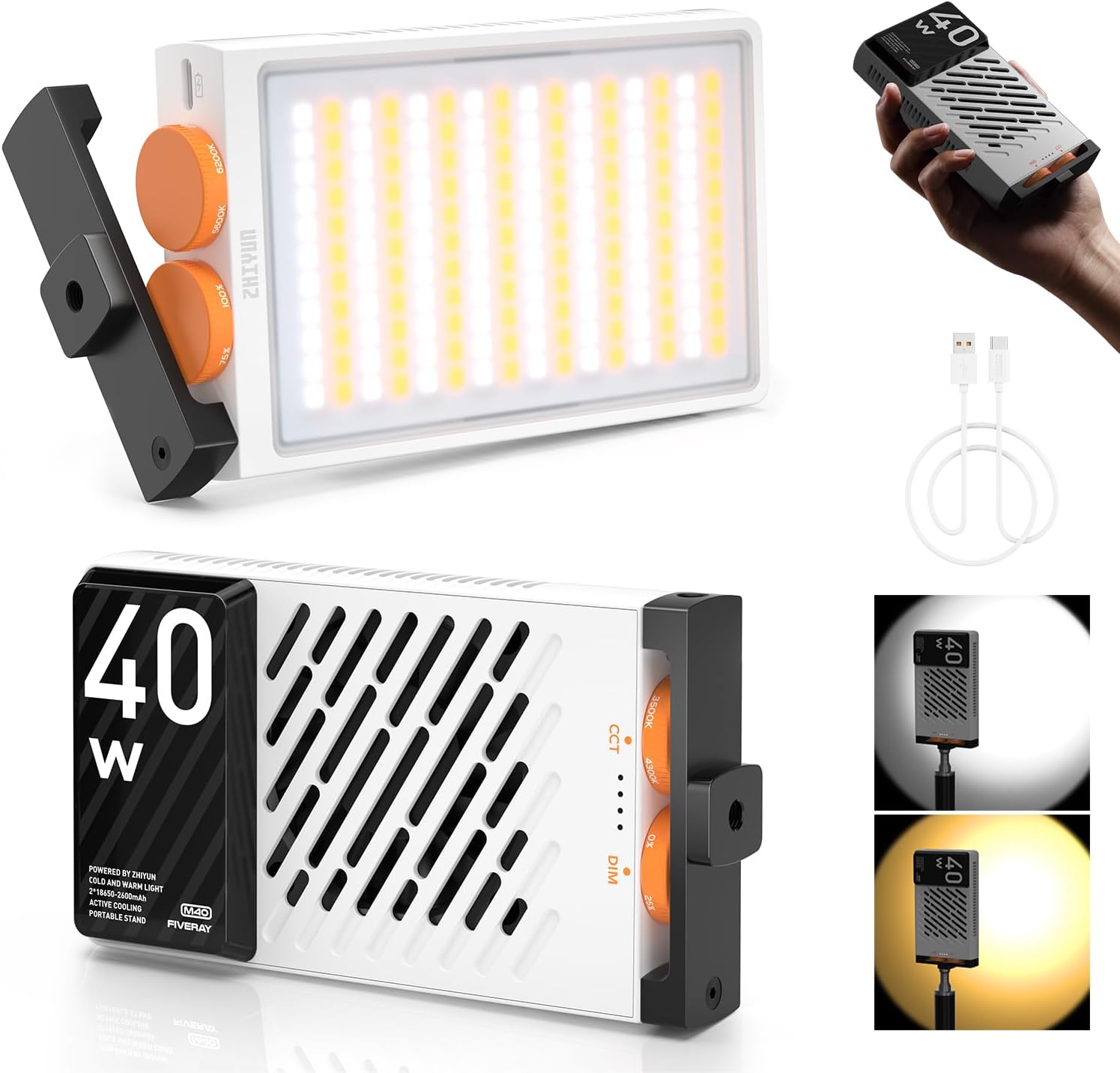 ZHIYUN FIVERAY M40 [Official] Video Light 40W Portable Camera Light, 14000 Lux, CRI/TLCI 96+ 2700-6200K, 320g LED Panel DSLR Photography Lighting Pocket Fill Light for YouTube TikTok Livestream