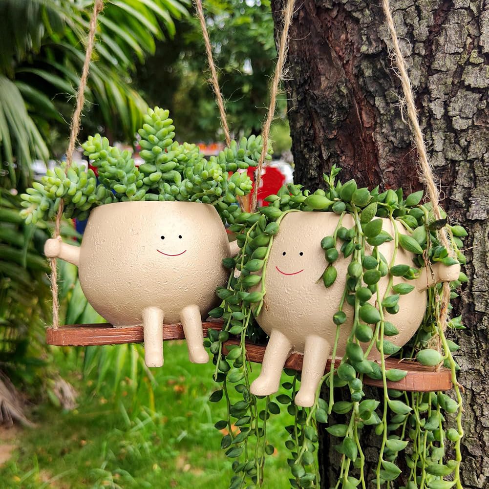 Paquete de 2 macetas colgantes de cara oscilante para interiores y exteriores, maceta de resina con cara sonriente para cadena de perlas, plantas suculentas, macetas de pared, macetas