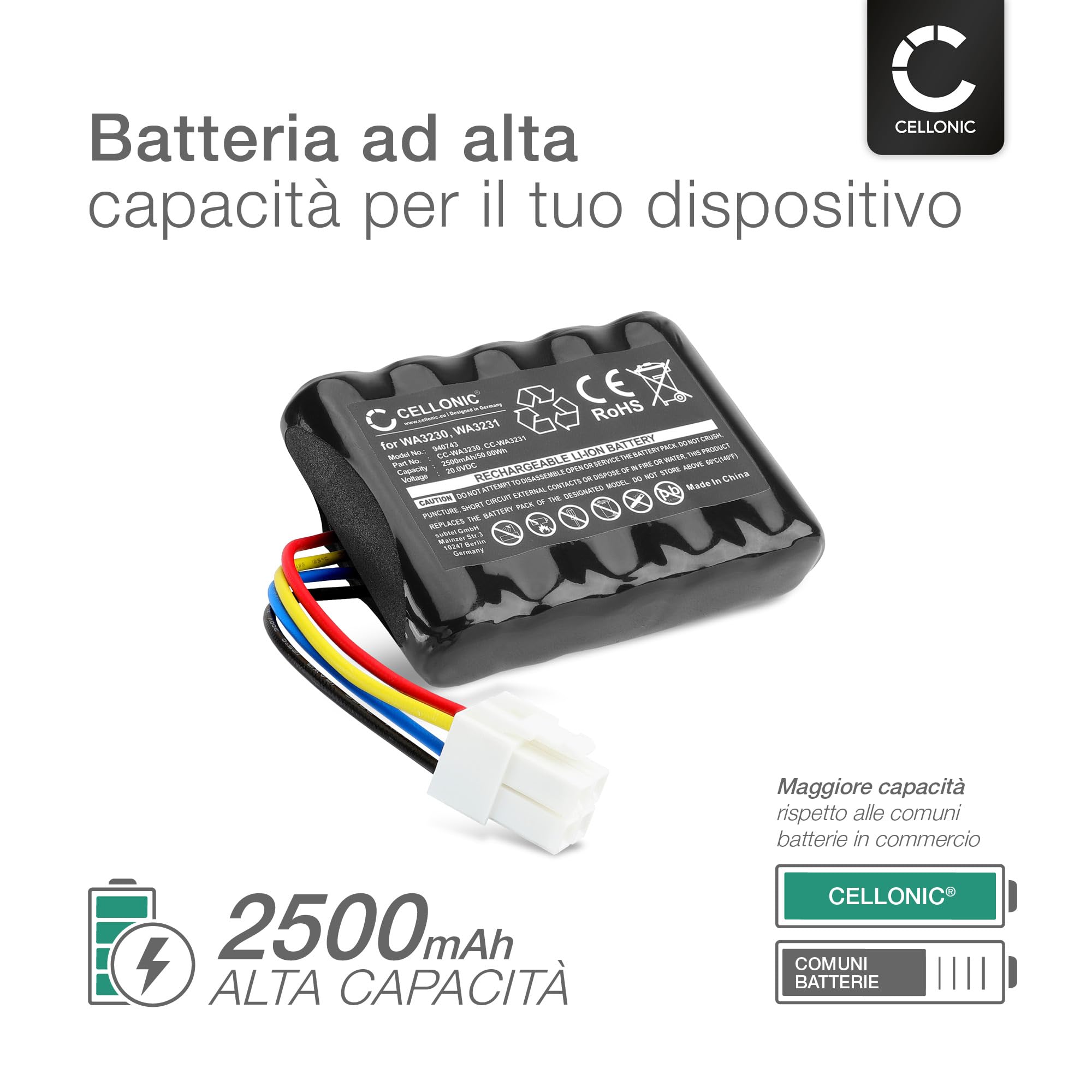 CELLONIC 1x Batteria per Giardino Compatibile con Worx Landroid S300, Landroid S300 2018, WR105SI, WA3230 – (2500mAh, 20V)