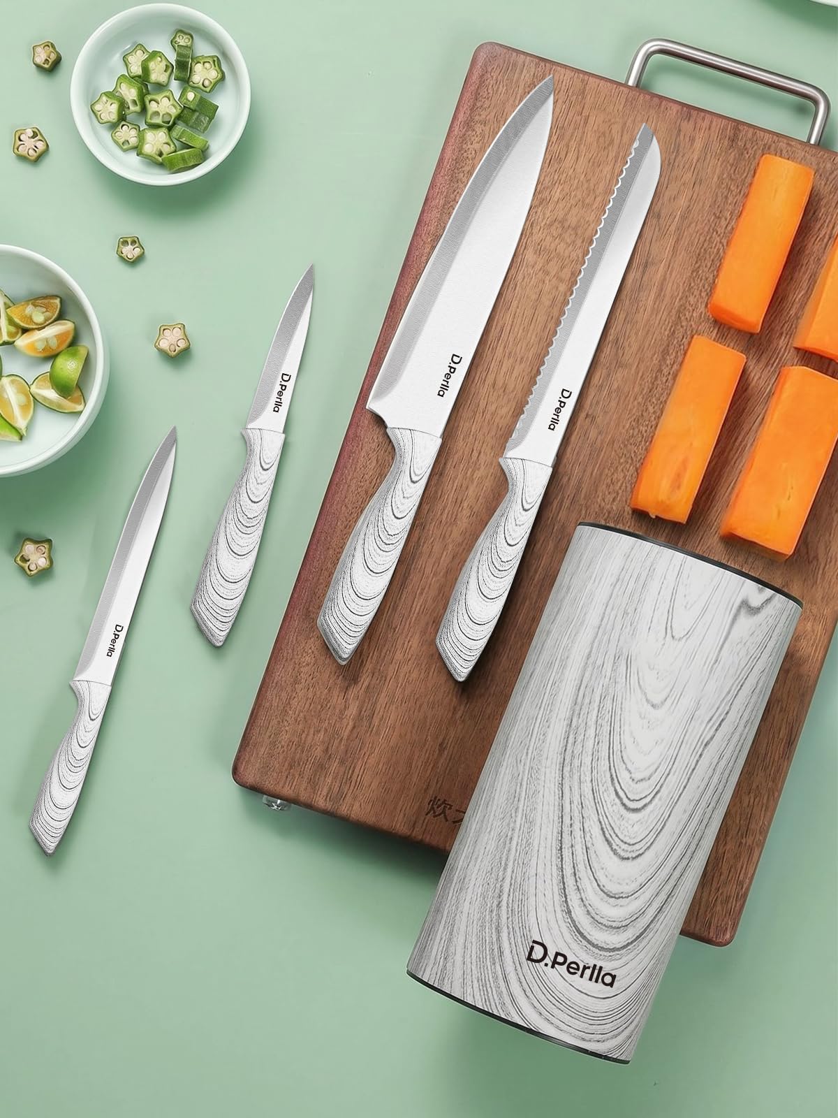 D.Perlla 6-TLG Messerblock mit Messerset, Ultrascharfes Edelstahl-Messerset mit Abnehmbarem Messerhalter für Einfache Reinigung, Geeignet für den Hausgebrauch, Restaurants und Picknicks