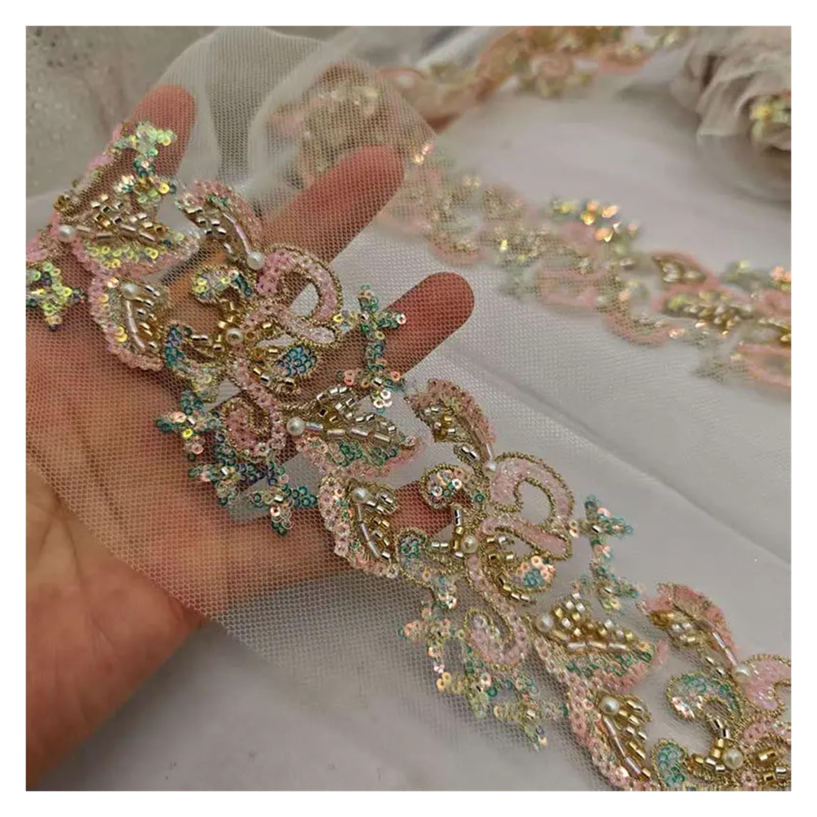 Puntilla De Encaje Con Strass En Forma De Flor Adorno de cinta encaje con cuentas 1 yarda