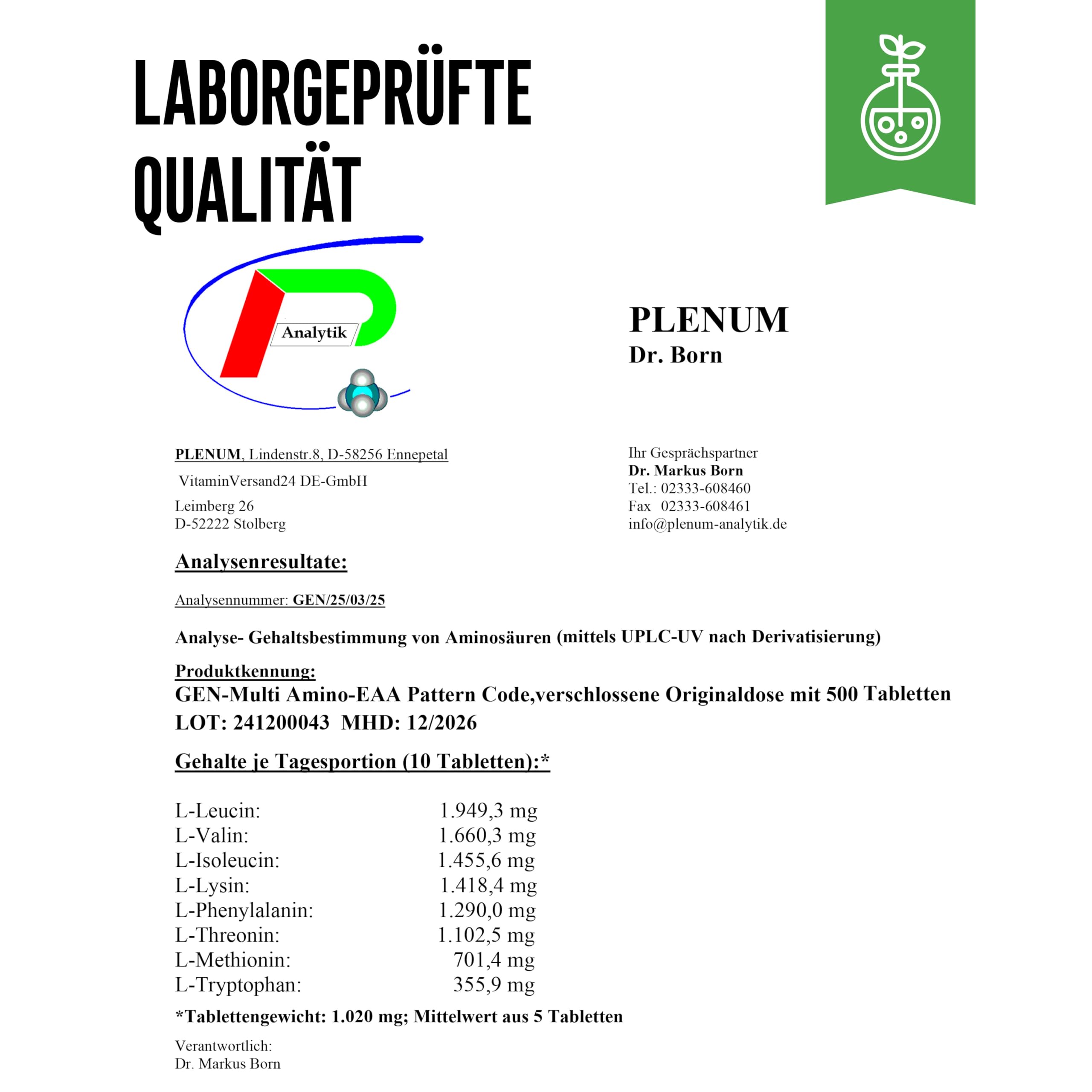 GEN GERMAN ELITE NUTRITION EAA Multi Amino - 500 Tabletten - je 1000 mg | Alle 8 essentielle Aminosäuren in der Human Code Formel, pflanzliche Fermentation, Hochdosiert, vegan, laborgeprüft