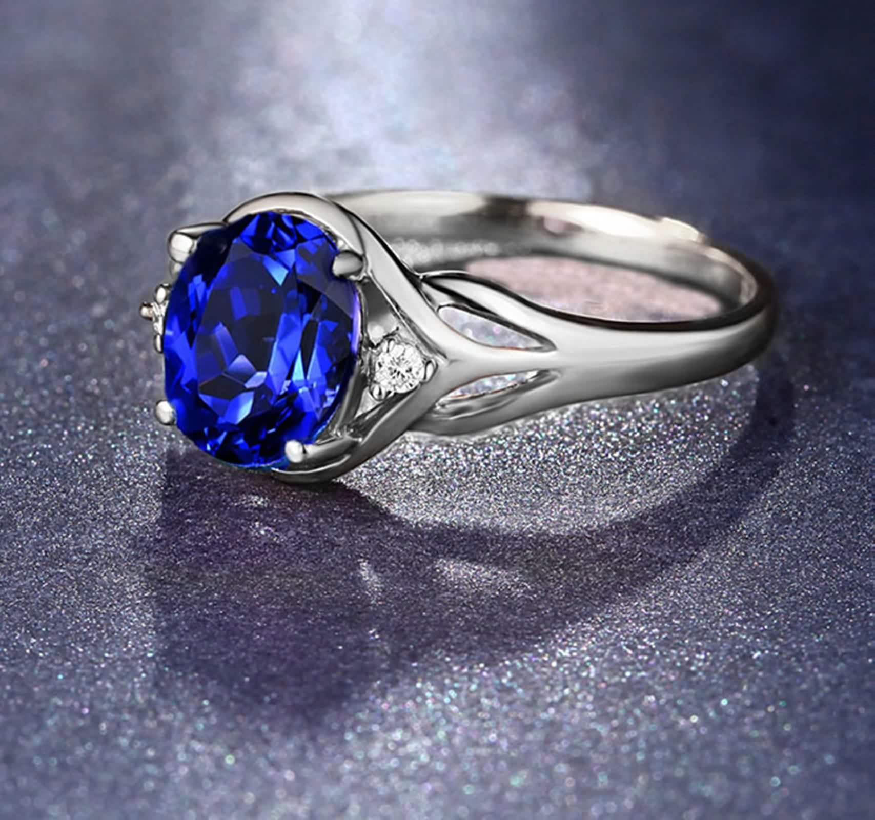 Anillo Compromiso Oro 18K, Anillos Mujer Compromiso Zafiro Creado En Laboratorio Forma Redonda Plata