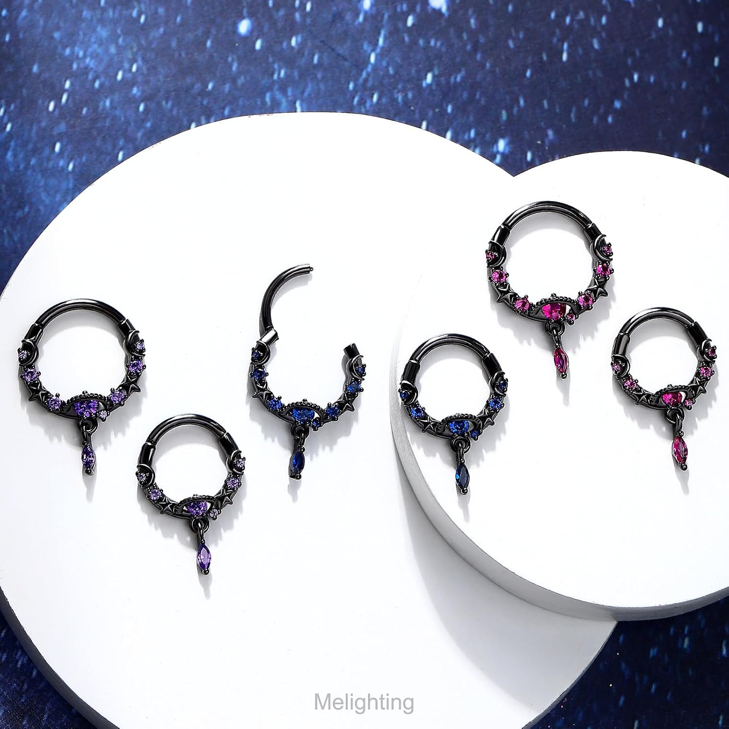 Melighting Black Septum Ring 16G, Planet Septum Jewelry Surgical Steel 316L, Dangle Daith Piercing Jewelry Clear CZ, Helix Earring Conch Tragus Piercing for Women