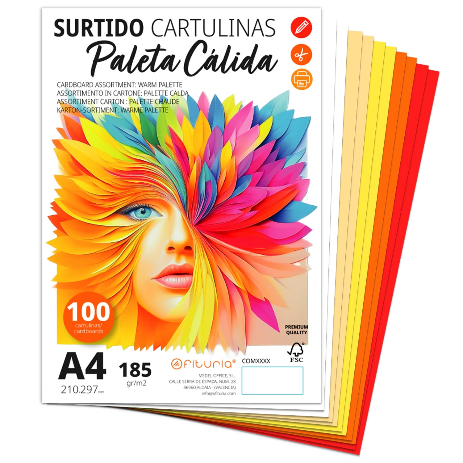 Ofituria A4 Coloured Card - 185gsm for Crafts, Education, Home, Art or Business - Warm Assortment of 100 Cards