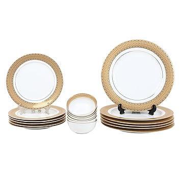 Decorium Designer New Kitchen Accesseries Porcelain 18 Pieces of Dinner Set/Dinnerware/Serveware Set, Ideal Place Setting Set, Round Assorted Dinner Set (17644)(Golden)