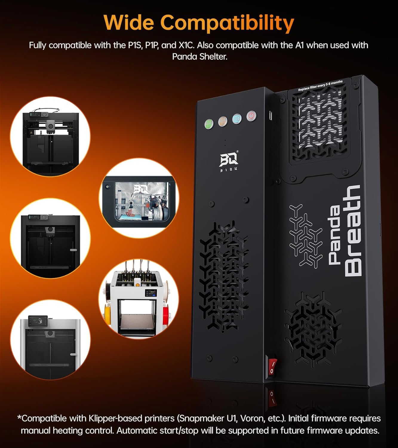 BIQU Panda Breath Smart Chamber ogrzewanie i filtry do suszenia filamentu do drukarek 3D modeli Bambu-Lab P1P, P1S, X1C, A1, Snapmaker U1, Voron2.4, Trident i VZBot Klipper