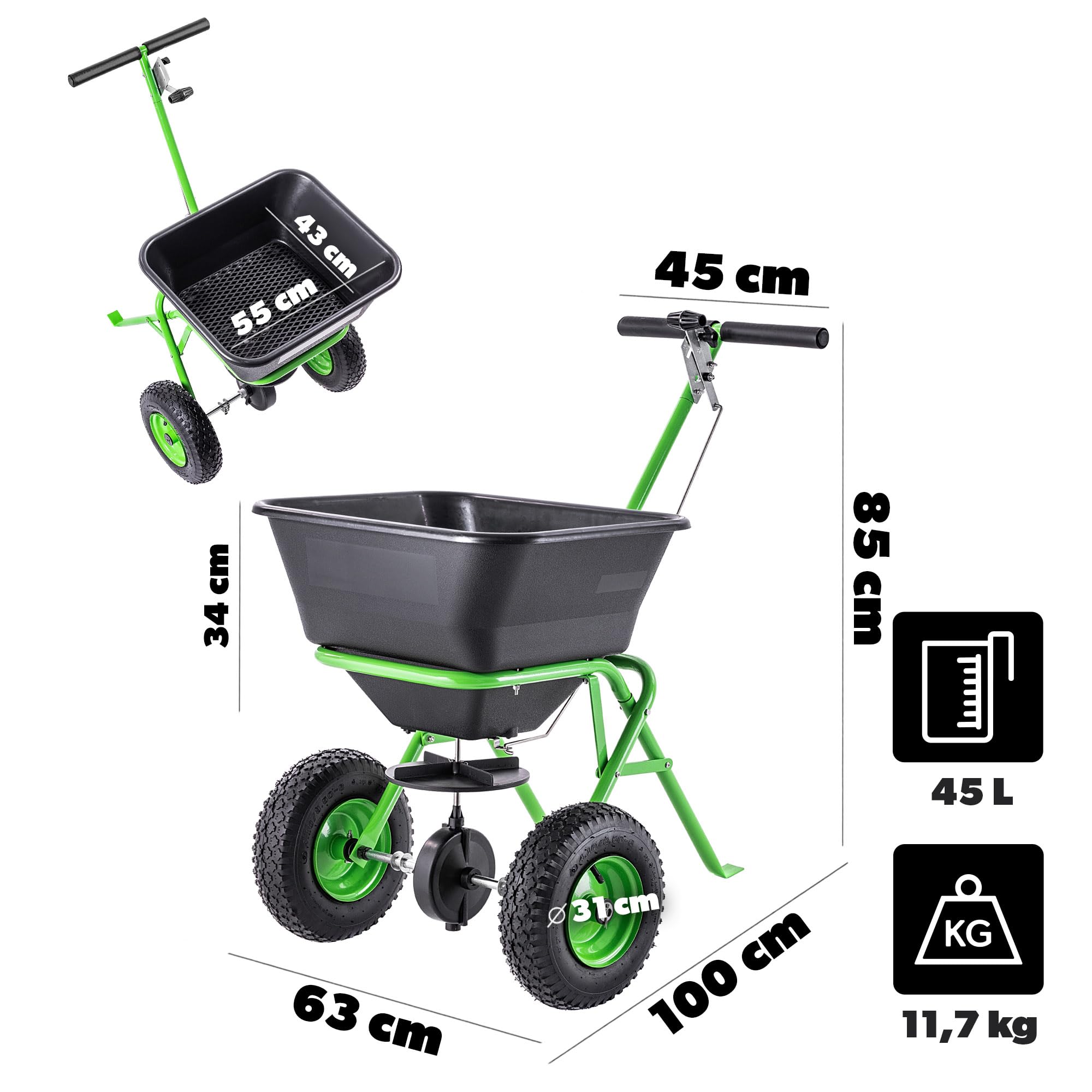 KADAX Carro esparcidor de 45 L con ruedas, esparcidor de abono para semillas de césped, fertilizante para césped, cal y sal de carretera, salero, esparcidor de semillas para el cuidado del césped y el