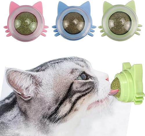 GCVOPTON Paquete de 3 bolas de hierba gatera para la pared de los gatos, bolas de hierba gatera, bolas orgánicas comestibles giratorias, alivian la