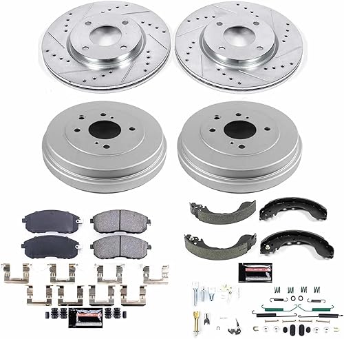 Miniatura 2 de Power Stop K15252DK Pastillas de freno delanteras y traseras Z23 de fibra de carbono con kit de tambores de freno perforados y ranurados