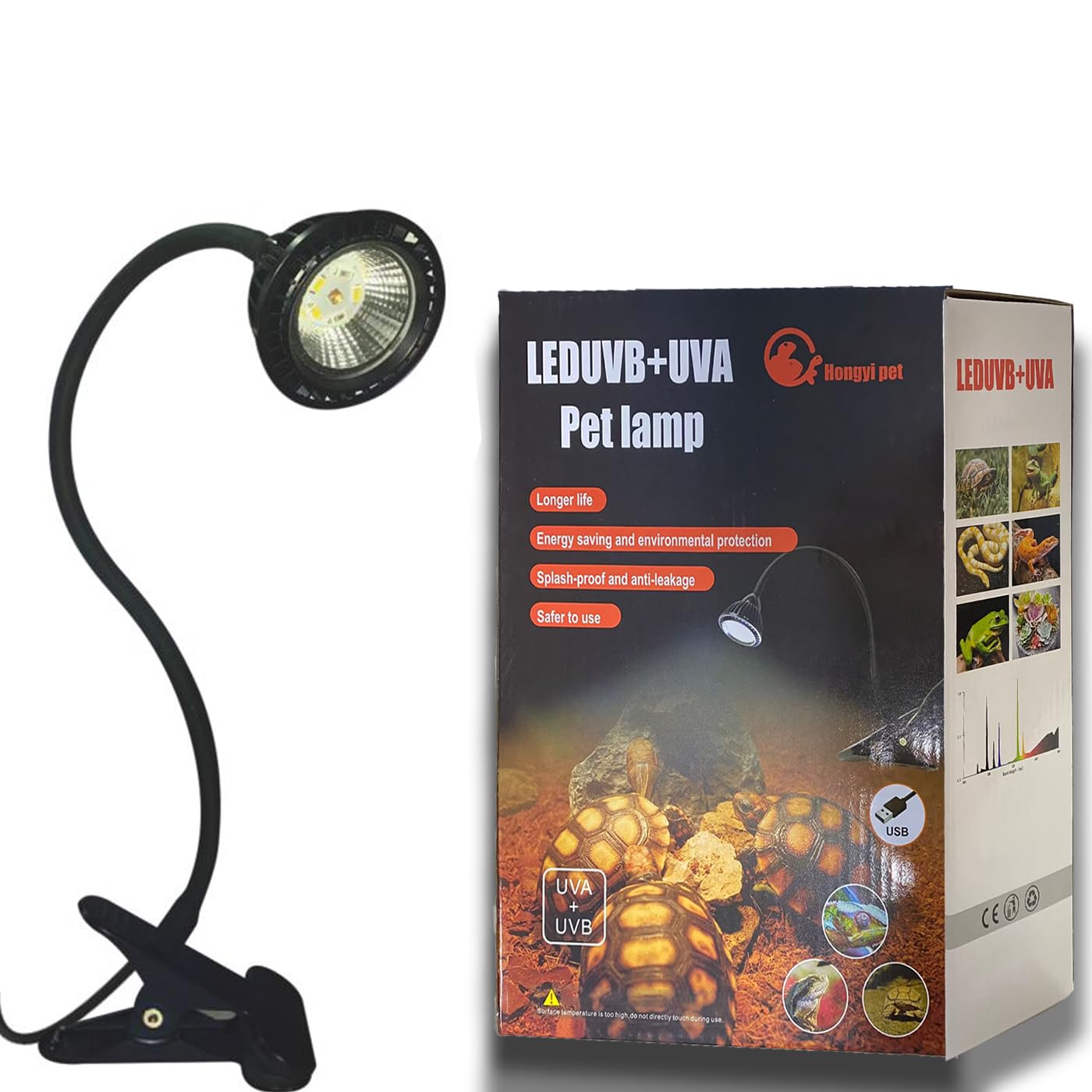 Lampe Lampe Reptile UVB/UVA avec Support Pivotant 360° et Bras Métallique, Alimentation USB pour Terrarium