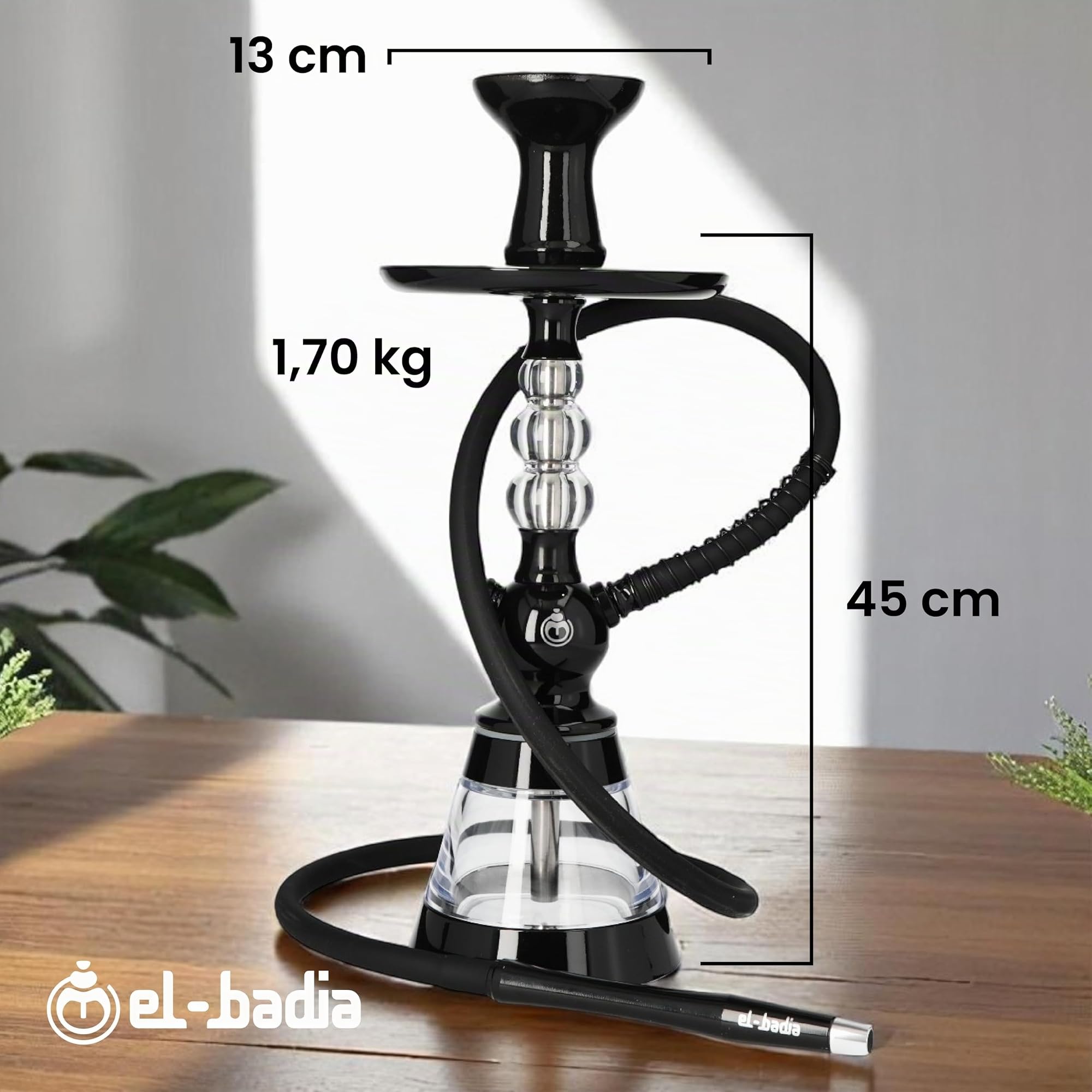 Shisha EL-BADIA CELESTE - 45 cm - Cachimba ligera con jarrón acrílico, manguera de silicona, mango de metal y fooyer Phunnel - Diseño iónico y colores de moda (Acid Orange)