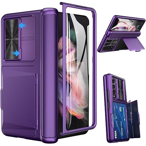 Viaotaily for Samsung Galaxy Z Fold 3 Case with Card Holder & Slide Camera Cover, Built-in Screen Protector & Hinge Protection, Shockproof Durable Wallet Phone Case for Galaxy Z Fold 3, Dark Purple
