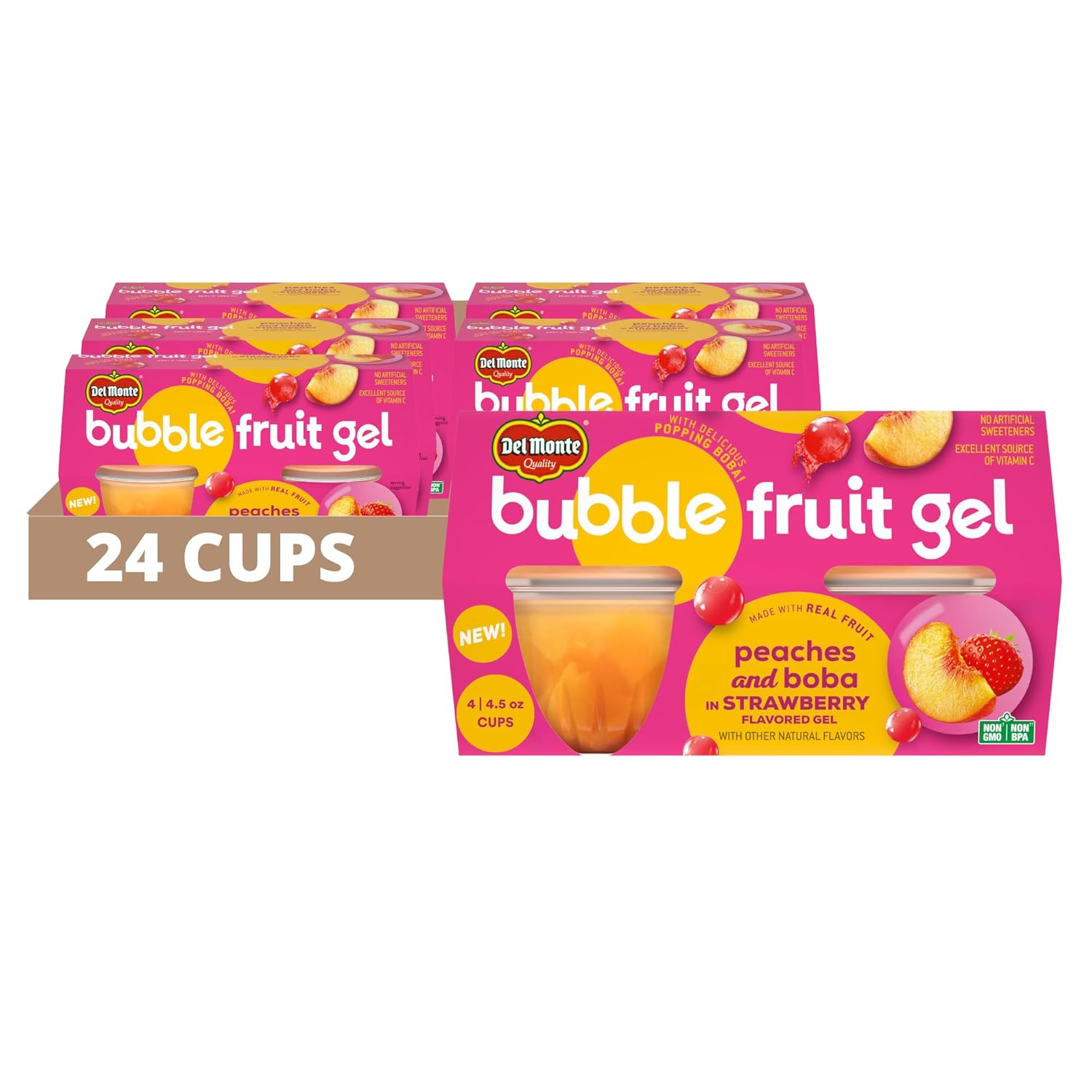 Del Monte Bubble Fruit Gel Peaches and Boba in Strawberry Flavored Gel, 4.5oz (24 Count) | Real Fruit & Popping Boba Pearls, Lunch Snacks, Fruit Cups