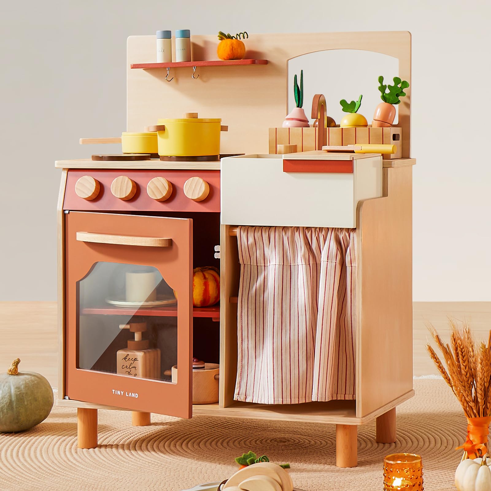 Tiny Land Play Kitchen Set, Toddler Kitchen with Cutting Food Set, Wooden Kitchen Sets for Kids, Farm Style Toy Kitchen Playset, Best Gift for Girls and Boys